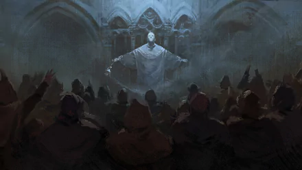 A dramatic scene from Crusader Kings III shows a cloaked figure addressing a captivated audience in a dimly lit, gothic setting, creating an intense atmosphere for a HD desktop wallpaper.