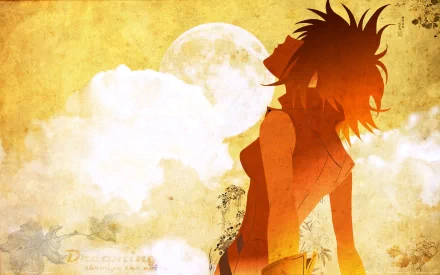 HD PC desktop wallpaper featuring an anime-style silhouette from FLCL against a textured yellow background with clouds and a full moon.