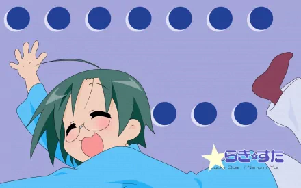 HD PC desktop wallpaper of anime character Yui Narumi from Lucky Star, grinning with tongue out against a purple backdrop of blue polka dots and a small star logo.