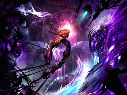 A high-definition desktop wallpaper featuring a sci-fi abstract scene with vibrant colors and intricate details, depicting a central figure surrounded by otherworldly elements and ethereal lights.