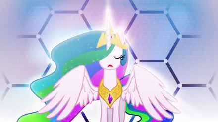 4K Ultra HD desktop wallpaper of Princess Celestia from My Little Pony: Friendship Is Magic TV show, glowing with magical light against a hexagonal patterned background.