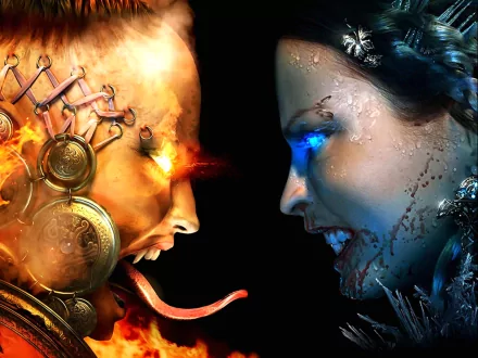 HD desktop wallpaper and background for the video game Dawn of Magic featuring a dramatic face-off between a fiery character on the left and an ice-themed character on the right.