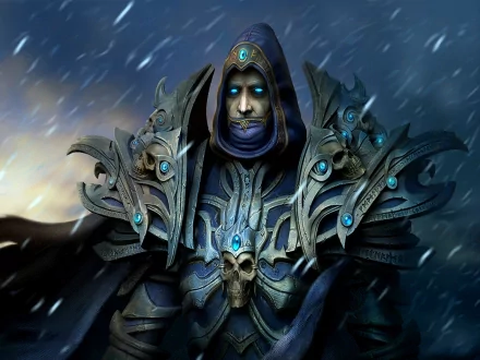 HD desktop wallpaper of a character from World of Warcraft, featuring a hooded figure in detailed, ornate armor with glowing blue eyes, adorned with skulls and intricate designs, set against a snowy background.
