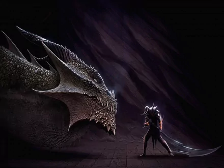 A high-definition fantasy wallpaper depicting a menacing dragon facing a lone warrior in a dark, mystical setting.