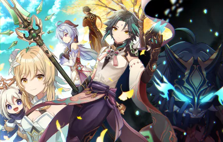 HD PC desktop wallpaper of characters from the video game Genshin Impact — Zhongli, Xiao, Lumine, Ganyu and Paimon in dynamic poses with glowing elemental effects.