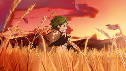 Sylphiette from Mushoku Tensei: Jobless Reincarnation stands in a golden wheat field at sunset, captured in a vibrant 4K Ultra HD anime desktop wallpaper.