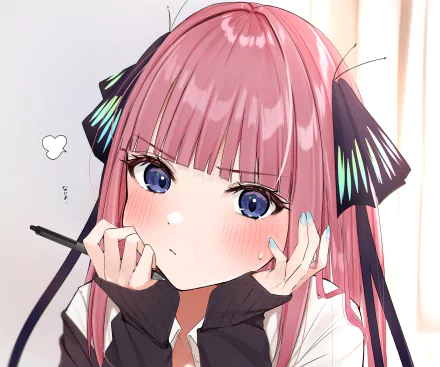 Close-up of Nino Nakano (Anime, The Quintessential Quintuplets), blushing with pink hair, blue eyes and ribboned twin tails, holding a pen — 2K Quad HD PC desktop wallpaper/background.