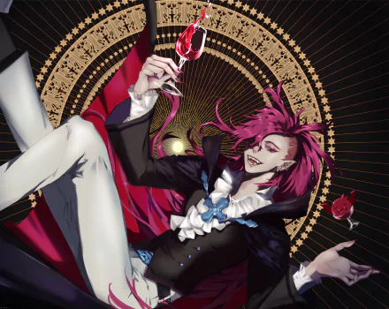 Vampire Cookie (Cookie Run) from the COOKIE RUN: KINGDOM video game lounges with a wineglass, fanged grin and red cape against an ornate gold halo — HD PC desktop wallpaper.