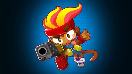 Colorful HD wallpaper featuring a character from Bloons TD 6, sporting a vibrant hairstyle and wielding a large weapon, set against a striking blue background.