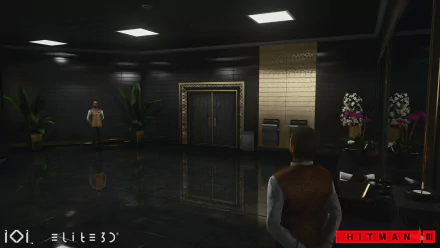A sleek, high-definition desktop wallpaper from Hitman 3, showcasing a polished lobby with reflective floors, elegant decor, and a character poised in a strategic stance.