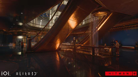 HD wallpaper of Hitman 3 video game showing a stealthy figure navigating a luxurious interior location with warm ambient lighting.