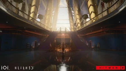 HD desktop wallpaper featuring the grand lobby from Hitman 3 video game with dramatic lighting