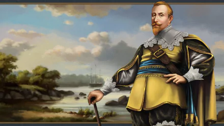 HD wallpaper featuring a leadership character from Europa Universalis IV video game with a scenic landscape background and a sailing ship.