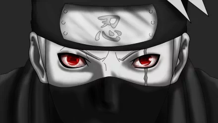 HD anime desktop wallpaper: close-up of Kakashi Hatake from Naruto, mask and forehead protector visible, his red Mangekyō Sharingan eyes glowing.