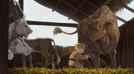 HD anime desktop wallpaper featuring Thorfinn from Vinland Saga inside a barn, surrounded by cows and hay in a peaceful rural setting.