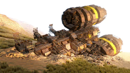 A stunning HD wallpaper from the video game Space Engineers, featuring a detailed, weathered spaceship resting on a rugged landscape with dramatic lighting.