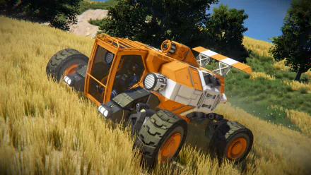 HD wallpaper of a futuristic orange and white space rover vehicle in grassy terrain, tagged as Space Engineers desktop background.