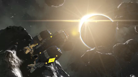 HD Space Engineers wallpaper featuring a spacecraft navigating an asteroid field with a sun eclipse in the background.