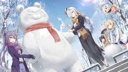 HD PC desktop wallpaper featuring Genshin Impact characters Paimon, Lumine, Xiangling, Shenhe, and Keqing building a large snowman in a bright winter landscape.