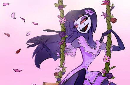 HD PC desktop wallpaper featuring Stolas from the TV show Helluva Boss, depicted joyfully swinging with flower vines and petals against a soft pink background.