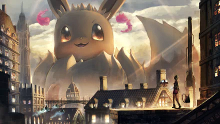HD Pokémon Sword & Shield wallpaper featuring Gloria, Eevee, and a giant Orbeetle overlooking a cityscape at sunset in anime style.