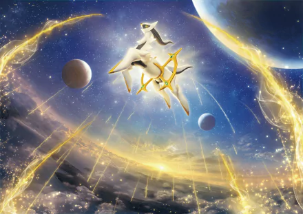 Arceus, the legendary Pokémon from Pokémon Diamond and Pearl anime, depicted in a cosmic scene with golden energy rings in a 4K Ultra HD desktop wallpaper.