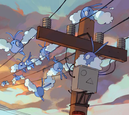 Anime HD PC desktop wallpaper of Swablu (Pokémon) flocking around a utility pole at sunset, their cloud-like wings drifting across a pastel sky.