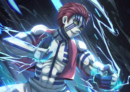 4K Ultra HD PC desktop wallpaper featuring Akaza from the anime Demon Slayer: Kimetsu no Yaiba, depicted with glowing blue energy and dynamic motion.