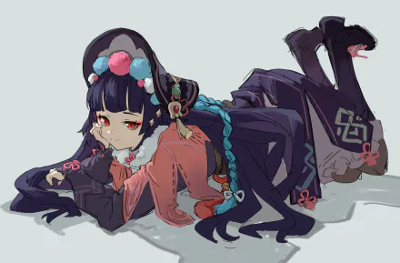 Yun Jin from Genshin Impact reclining on her stomach, wearing an ornate opera-style outfit with teal braided hair and red eyes — 2K Quad HD PC desktop wallpaper/background.