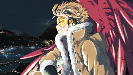 4K Ultra HD anime wallpaper featuring Hawks (Keigo Takami) from My Hero Academia, showcasing detailed red wings and his signature goggles against a night cityscape.