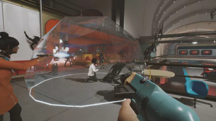 HD desktop wallpaper featuring a gameplay moment from The Anacrusis with characters battling aliens inside a sci-fi spaceship interior.