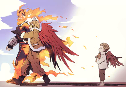 HD anime wallpaper featuring Hawks (Keigo Takami) and Endeavor from My Hero Academia, showcasing their dynamic poses and fiery backgrounds.