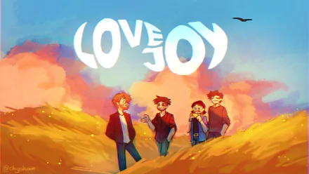 HD PC desktop wallpaper featuring animated characters Wilbur Soot, Mark Boardman, Joe Goldsmith, and Ash Kabosu from the Dream SMP video game, with Love & Joy in the sky.