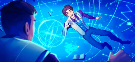 HD PC desktop wallpaper featuring Viktor from League of Legends, depicted in a futuristic, tech-themed environment with glowing blue holographic elements.