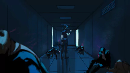 Xiao from Genshin Impact stands in a dark futuristic corridor surrounded by defeated enemies in this 4K Ultra HD PC desktop wallpaper.