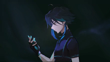 4K Ultra HD PC desktop wallpaper of Xiao from the video game Genshin Impact, featuring him in a dark, moody setting with glowing blue accents.