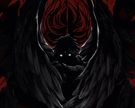 HD PC desktop wallpaper of Xiao from Genshin Impact, featuring dark wings and glowing eyes against a red and black background, capturing the game's intense atmosphere.