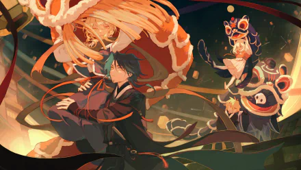 4K Ultra HD Genshin Impact wallpaper featuring Aether, Lumine, Xiao, and Paimon in dynamic poses with vibrant colors on a PC desktop background.