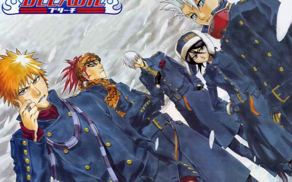 HD anime wallpaper featuring Bleach characters Ichigo Kurosaki, Renji Abarai, Gin Ichimaru, Rukia Kuchiki, and Tōshirō Hitsugaya in their signature outfits.