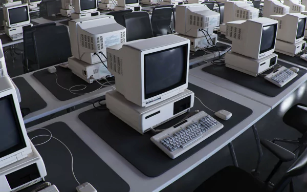 HD desktop wallpaper featuring rows of vintage computers set up for use as a stylish and tech-themed background.