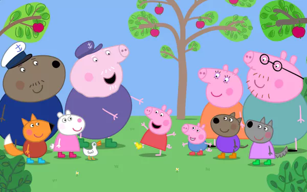 A vibrant HD desktop wallpaper featuring characters from the TV show Peppa Pig, showcasing Peppa and her friends happily gathering under leafy trees.