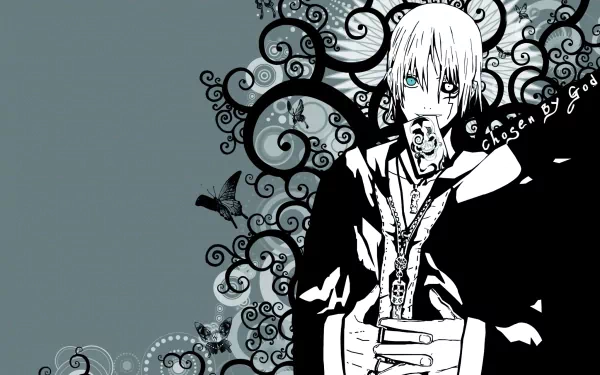 HD wallpaper featuring Allen Walker from the anime D.Gray-man, showcasing intricate swirls and a striking black-and-white design. The character exudes a mysterious aura with blue eyes.