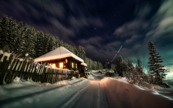 Photography Winter Snow Cabin Night HD Wallpaper | Background Image