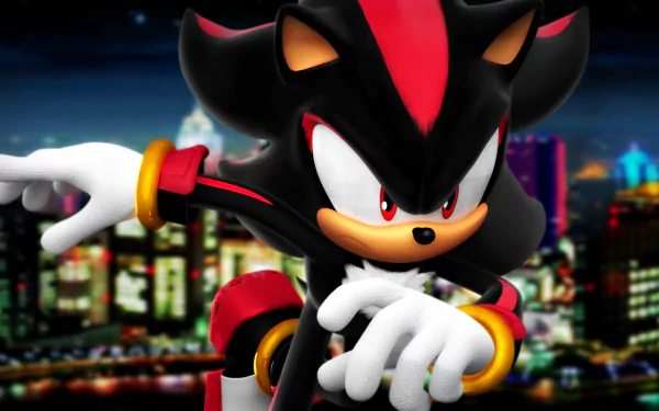 HD desktop wallpaper featuring Shadow the Hedgehog with glowing red eyes against a cityscape, inspired by the video game Sonic Adventure 2 Battle.