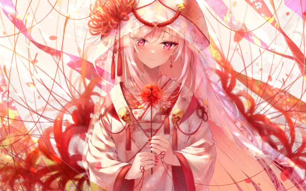 Anime-style 4K Ultra HD PC wallpaper featuring Mori Calliope from hololive, depicted in vibrant red and white attire with a serene expression amidst delicate floral elements.