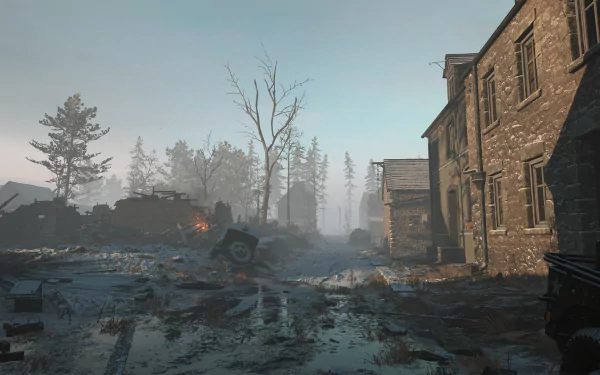 HD wallpaper of Hell Let Loose video game featuring misty wartime battle scene with ruins and tanks for desktop background.