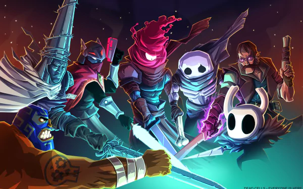 HD wallpaper featuring characters from Dead Cells video game with dynamic action poses on a vibrant background.