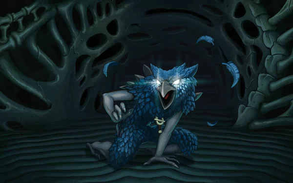 HD desktop wallpaper featuring a menacing blue creature from the game Slay the Spire, set against a dark, bone-themed background.