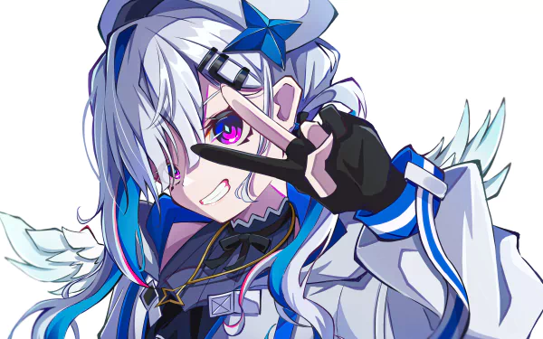 2K Quad HD desktop wallpaper of hololive Virtual YouTuber Amane Kanata — close-up anime portrait with silver-blue hair, star hairpin, wing motifs, and a playful V-sign.