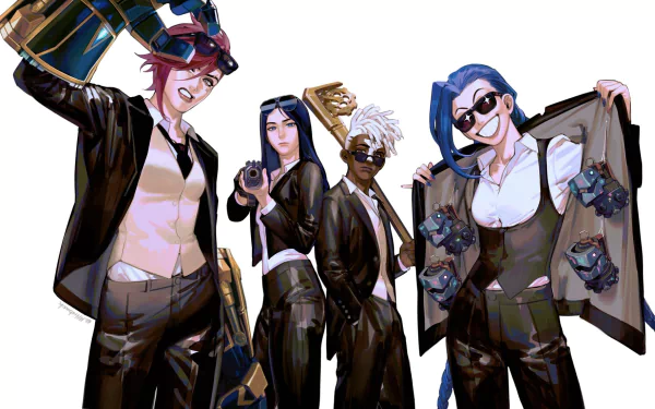 HD PC desktop wallpaper featuring Ekko, Jinx, Caitlyn, and Vi from the Arcane TV show, all dressed in sharp black suits striking confident poses.